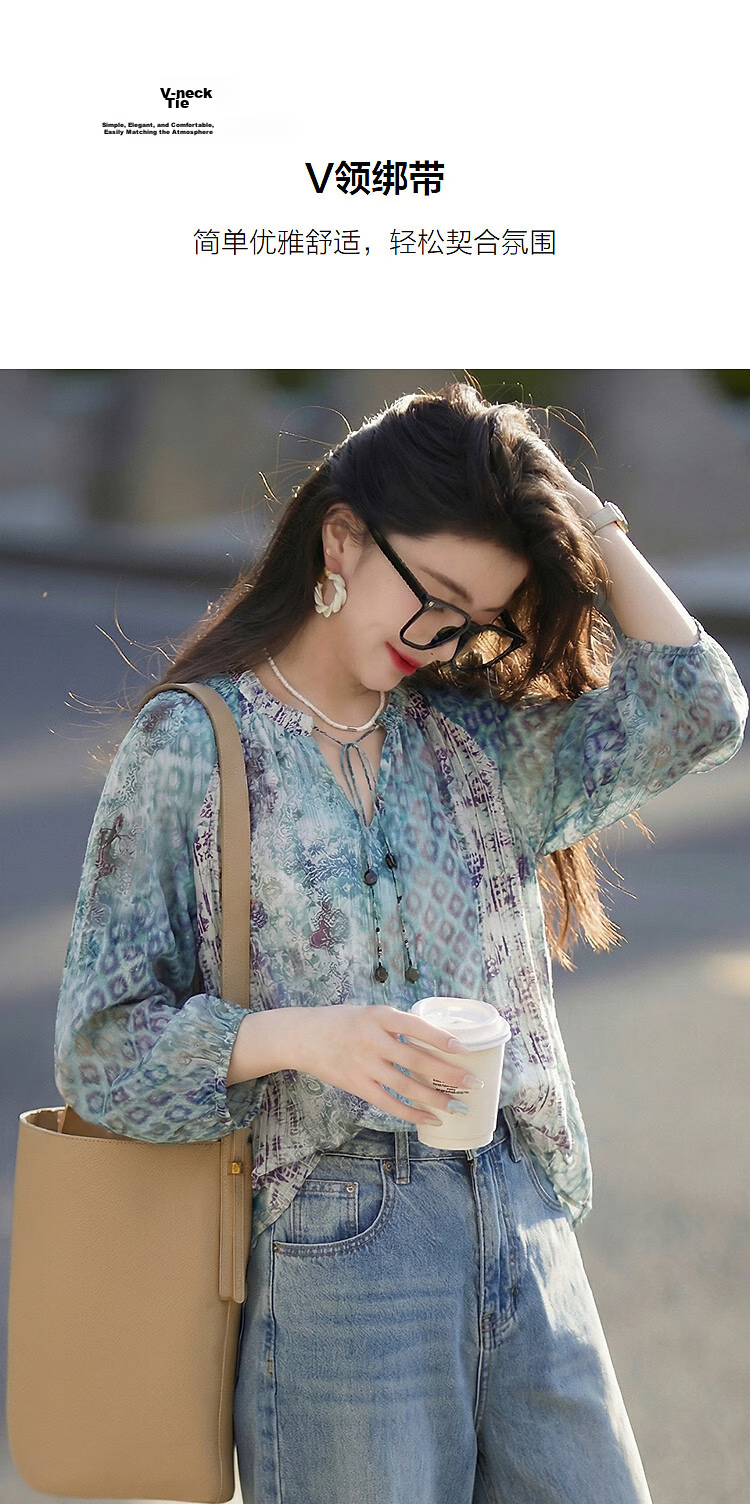 Demana [Lycra] Summer South of France Love Letter V-Neck Tie Printed Six-Sleeve Loose Slim Shirt for Petite Women 6