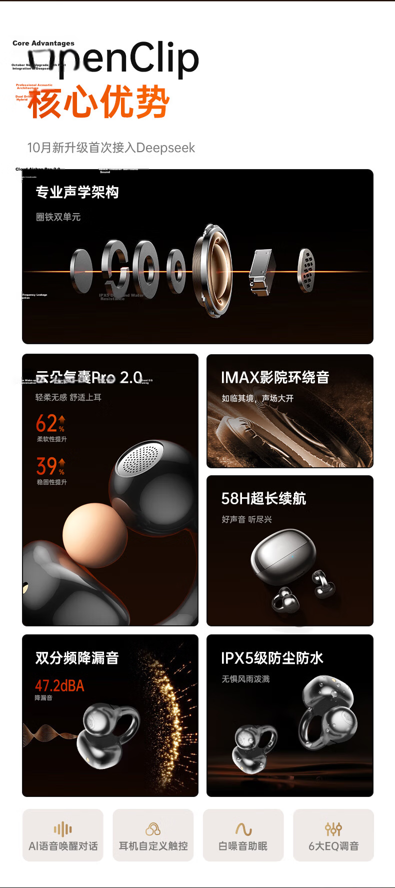 MICROKIA 2026 Latest Model Harman Kardon Level AI Bone Conduction Bluetooth Ear Clip Open Wireless Sports Running Noise Cancelling Ear-Hanging Long Battery Life for Women 7