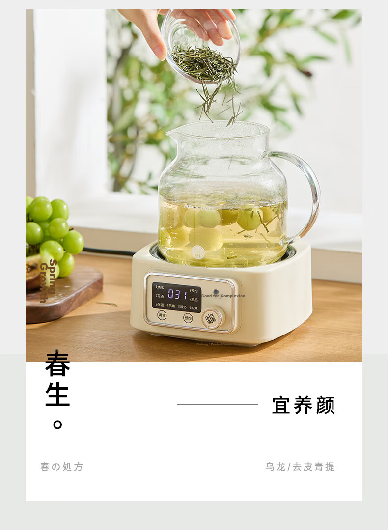 APIXINTL Anben Su 1.2L All-Glass Health Pot Household Electric Kettle Mini Tea Kettle Insulated Multifunctional Automatic Temperature Control Kettle with Tea Strainer for Office 19