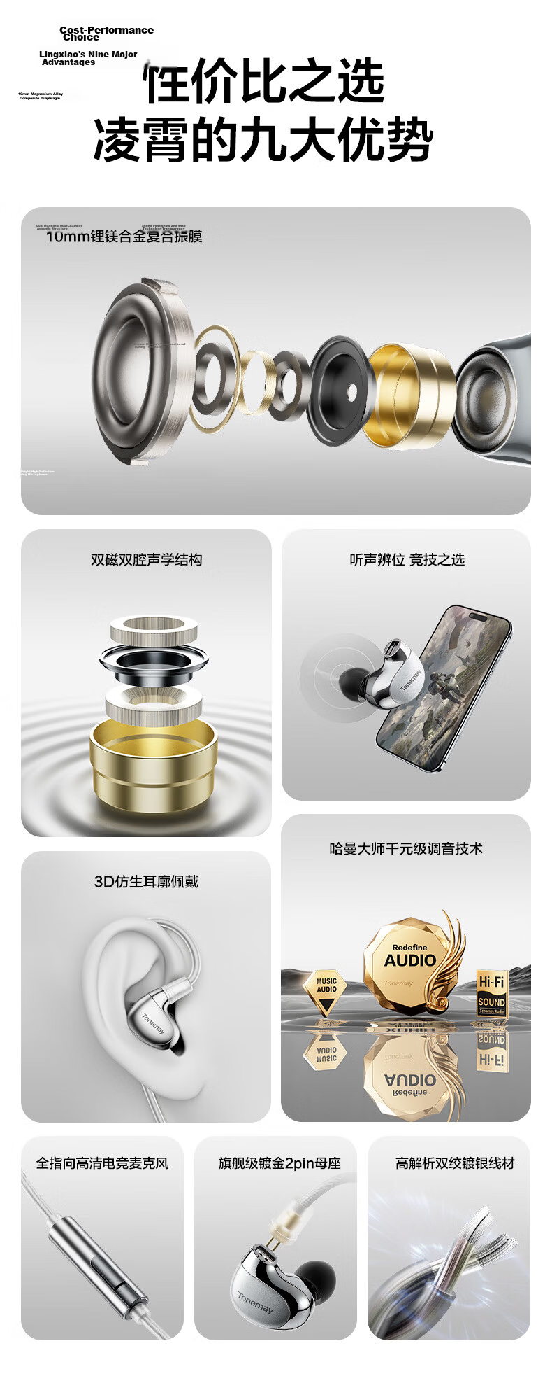 Tonemay Lingxiao HiFi Wired Gaming Earphones In-Ear Delta Operation E-sports Headset Sound Localization Audiophile Detachable Cable Valentine's Day Gift 3.5mm with Mic 7