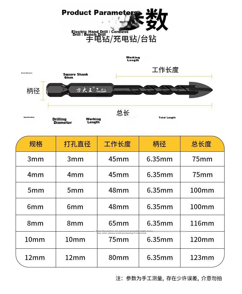 Fang Da Wang 12mm 3-Piece Four-Flute Spiral Drill Bit Set Universal Hex Shank Sharp and Wear-Resistant Fast Drilling 15
