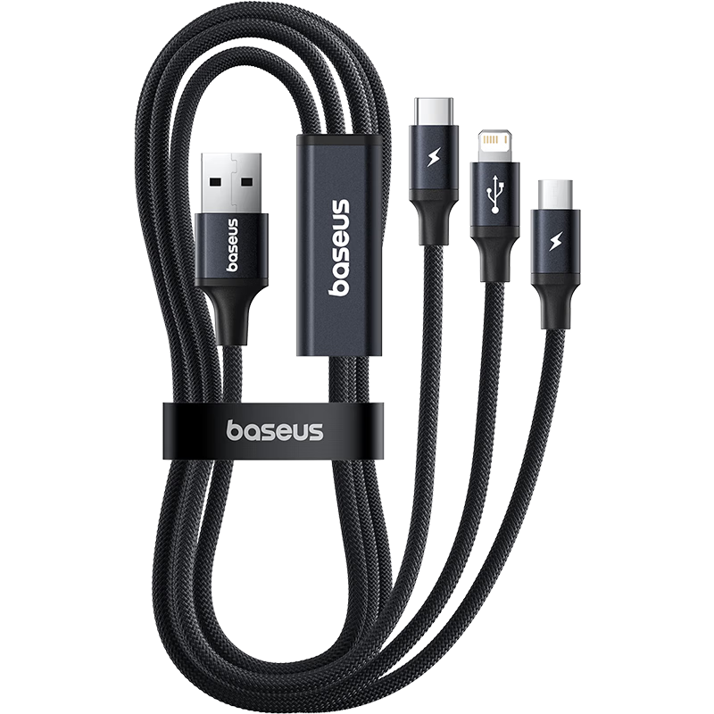 Baseus 3-in-1 Braided Charging Cable Type-C Apple Android 3.5A Fast Charge Multi-Device Cable for iPhone 17/16/15 Xiaomi Huawei Honor 1.2m Black