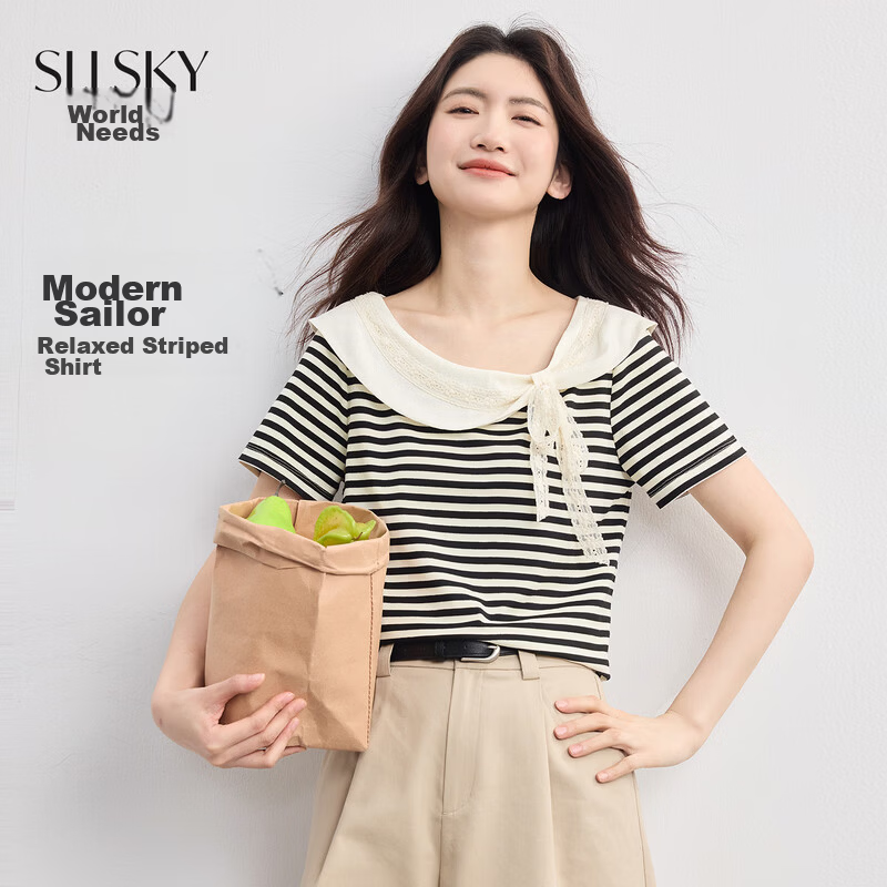 Sllsky French Lace Bow Striped Short Sleeve T-Shirt Women 2026 Summer Boutique Doll Shirt Top