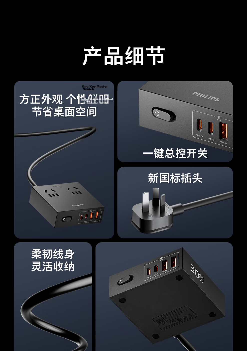 PHILIPS Fast Charging Socket with USB GaN Desktop Charging Station Power Strip Extension Socket Converter 30W Mini Magic Box 15