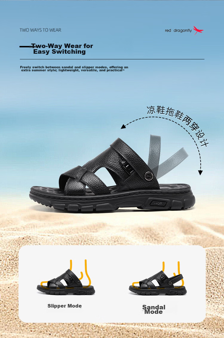Red Dragonfly Men's Summer Leather Thick Sole Sandals Dual-Purpose Commuting Driving Casual Beach Shoes WTT261201 Black Size 38 6