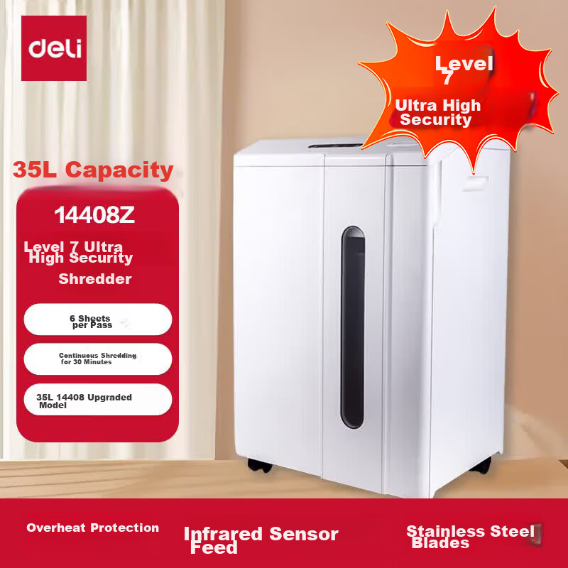 Deli 14408Z Paper Shredder Level 7 Ultra-High Security 6 Sheets Continuous Shredding 30 Minutes Professional Large Powerful Office Document Shredder 35L Upgraded Model 14408