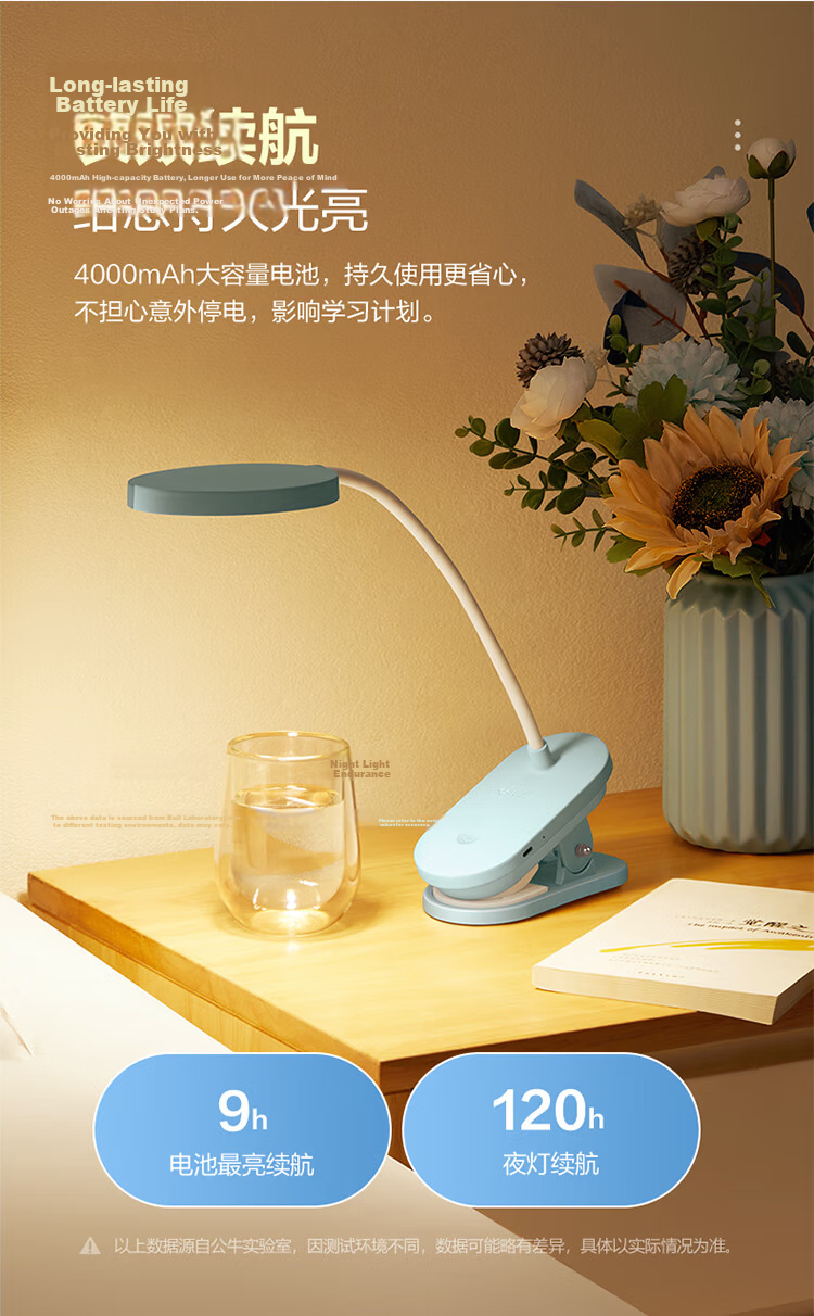 BULL Dual-Purpose Rechargeable and Plug-in Home ML-D405C-DS Stepless Dimming Blue National Standard A Clip Desk Lamp 4000K 4000mAh 4