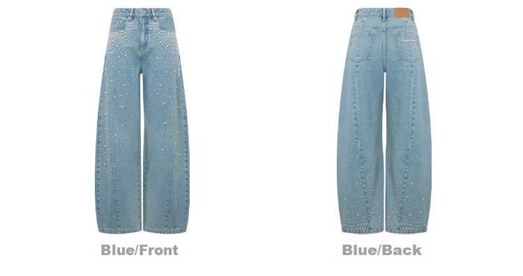 ANN ANDELMAN Curved Leg Wide-Leg Jeans with Rhinestone Pearls Washed Vintage Denim Blue Size 24 - Wuwenwen Same Style 11