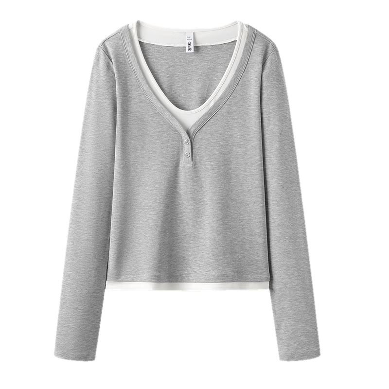 Semir Women's Long Sleeve T-Shirt 26 Autumn Short Slim Fit V-Neck Color Block Faux Two-Piece Top 109526101006