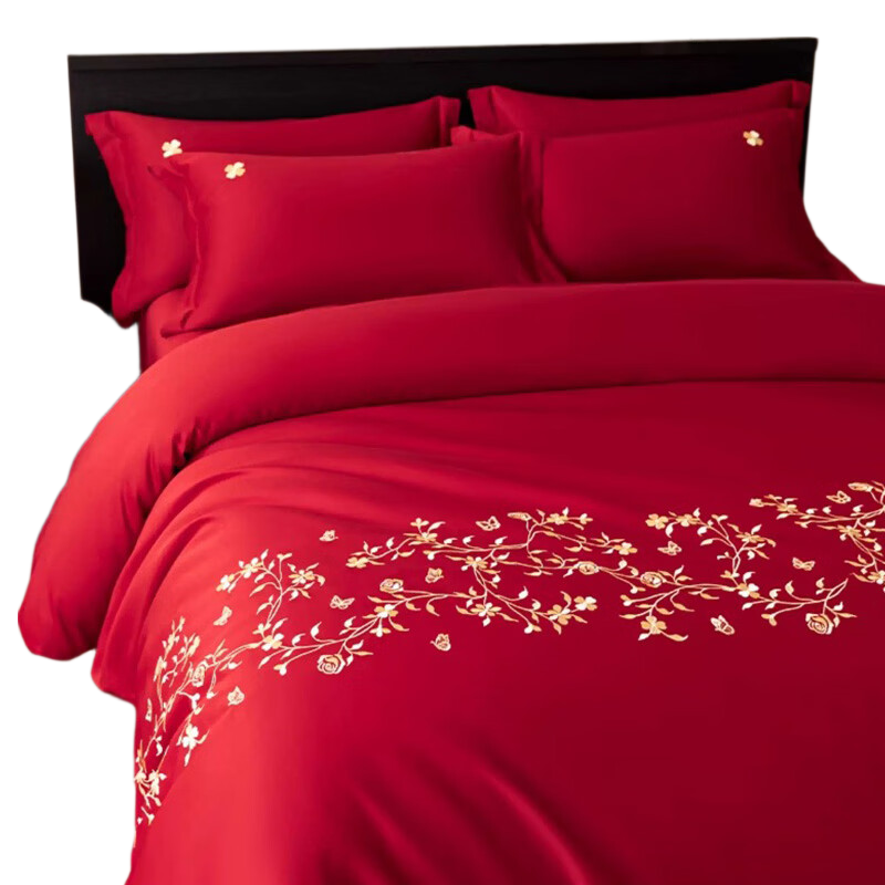 Hodo Premium Wedding Bedding Set 4-Piece for 1.5/1.8m Bed, Double Duvet Cover, Non-Cotton, Red Wedding Room Bed Sheet and Quilt Cover 2*2.3m