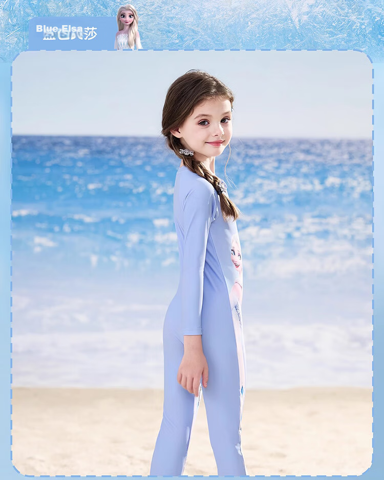 Disney Kids Girls One-Piece Long Sleeve Long Pants Sunscreen Swimwear Class A D35052 Elsa Princess Blue Size 130 3