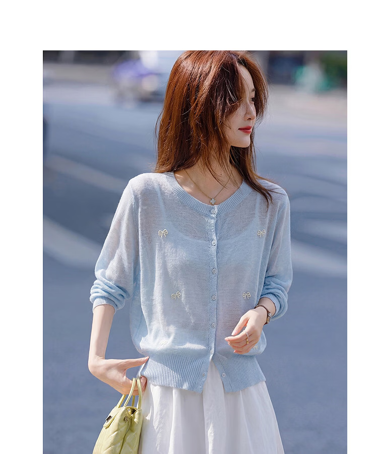Awakening Paradise 26 Summer Fashion Elegant Sweet Bowknot Versatile Top Round Neck Long Sleeve Knit Cardigan Blue One Size 10