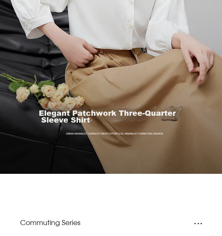 Shangdu Bira Lenzing Tencel Three-Quarter Sleeve Casual Shirt Women Autumn Lantern Sleeve Patchwork Hollow Embroidery Elegant Blouse 2