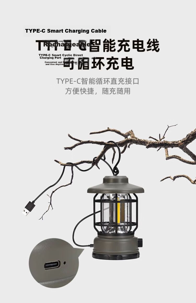 CAMELJEANS Vintage Lantern Outdoor Camping Light Long-lasting High Power Rechargeable Camping Lamp 9649 Black 8