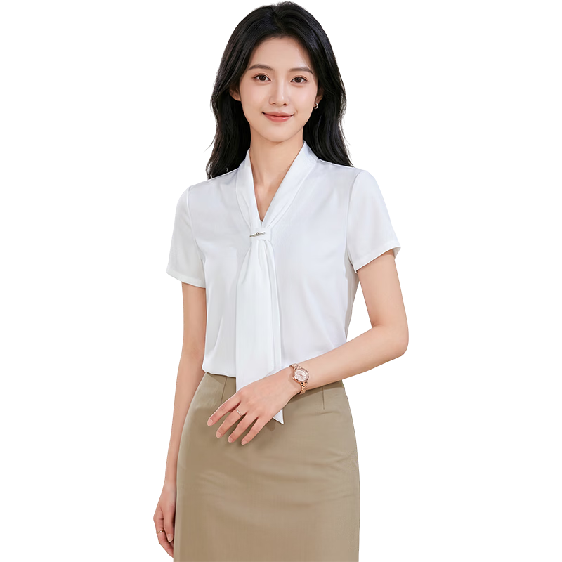 Chaoxu Women's White Short Sleeve Bow Tie Shirt Professional Commuter Formal Elegant Versatile Blouse for Work and Interview