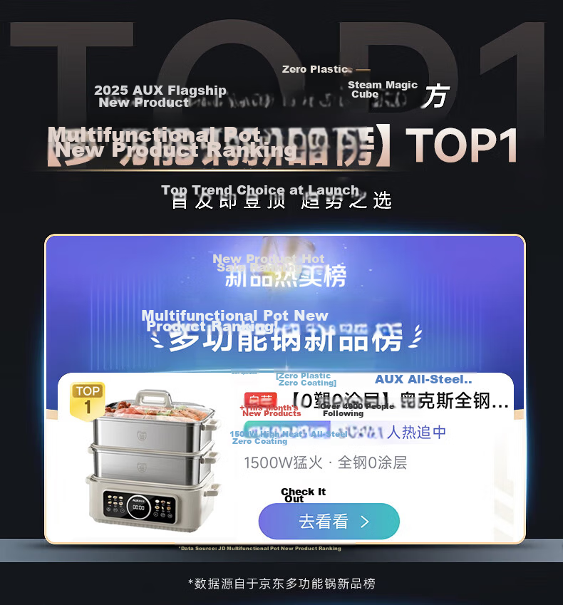 AUX Electric Steamer and Cooker 12L Multi-Functional Electric Hot Pot with 304 Stainless Steel Steamer Basket Model 30AZX-451 1
