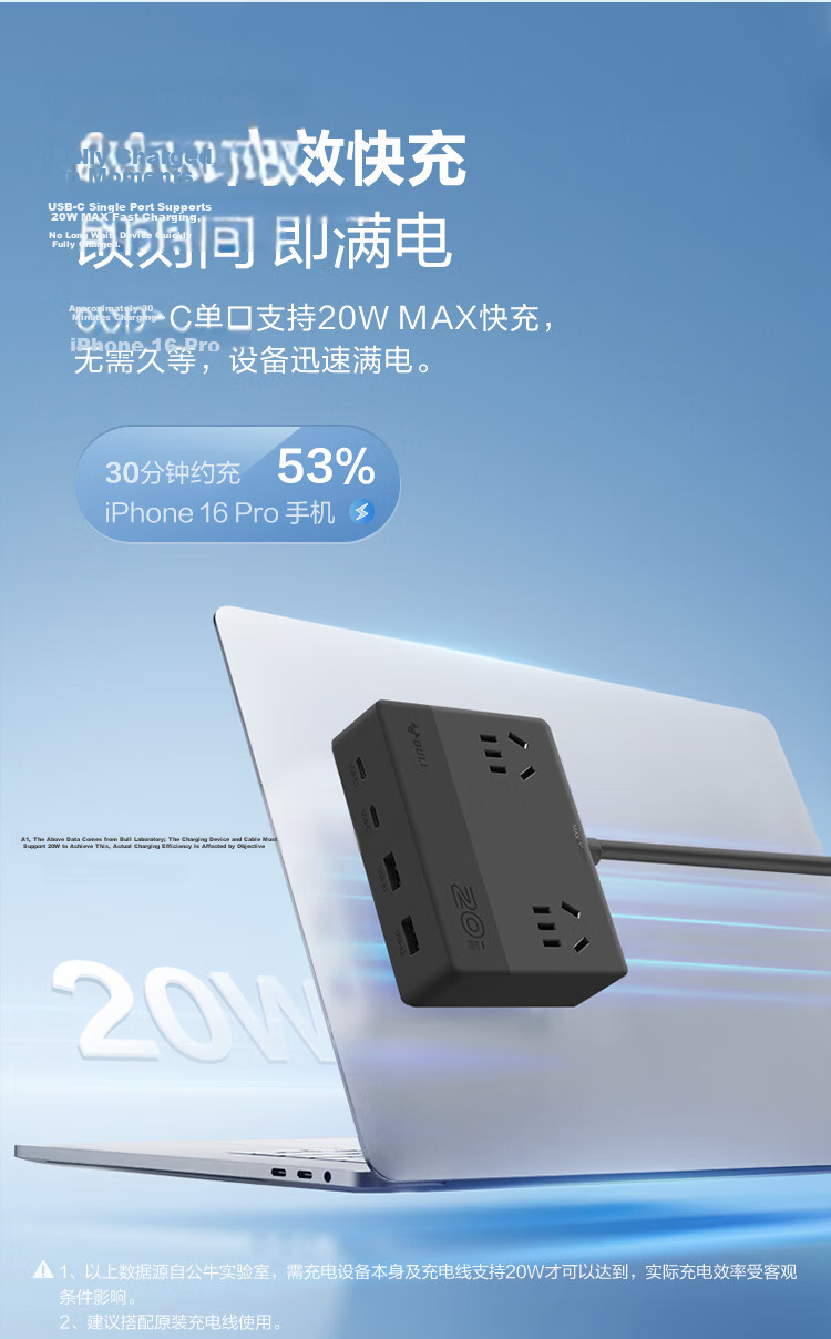 BULL 20W GaN Apple Fast Charging Mini Power Strip Socket/USB Power Strip/Extension Board/Power Strip Desktop Charging Station 2A2C+3-Control 1.5m Black 6