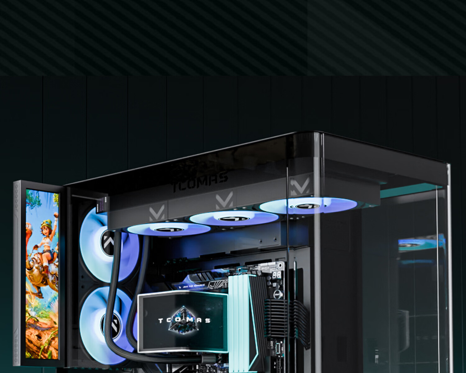 TCOMAS Titanium Tantalum Starship Black PC Seaview Case Curved Glass No Pillar 9.2-inch Display Supports 360mm Water Cooling ATX/MATX 24