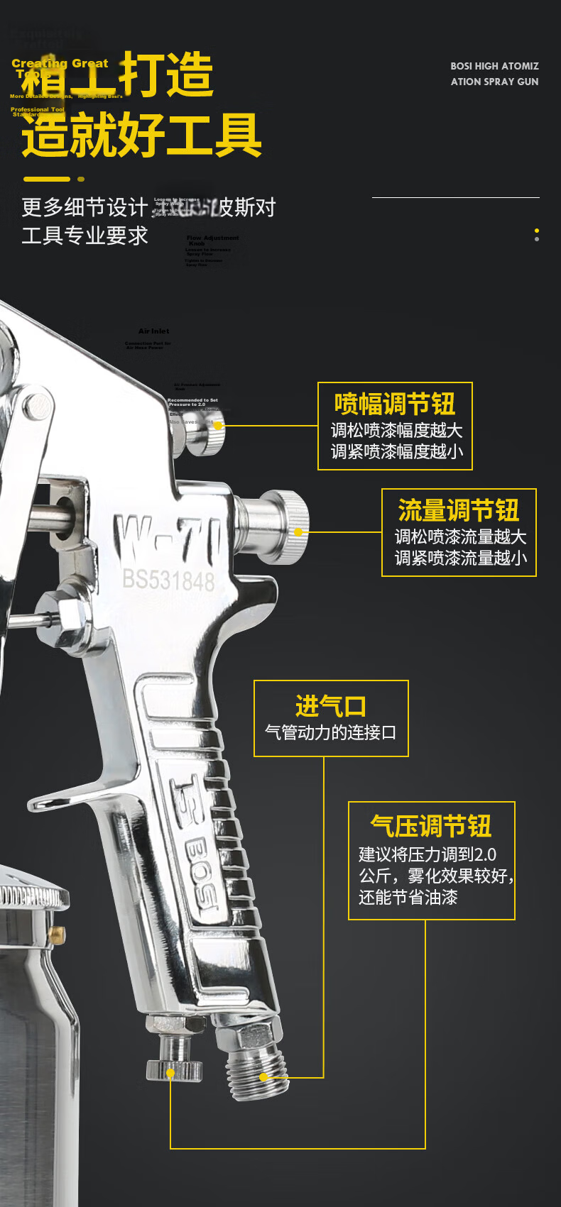 BOSI BS531853 3.0 Upper Cup Pneumatic High Atomization Mini Paint Spray Gun for Furniture and Automotive Use 6
