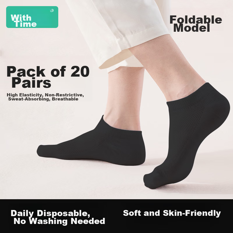 Youshiguang Disposable Socks for Men and Women, Daily Use Short Socks, Breathable Travel and Business Trip Essentials, Must-Have, 20 Pairs Black