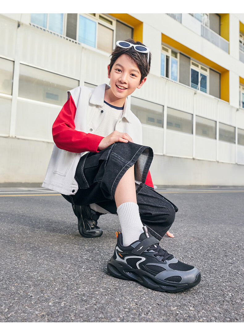 ERKE Kids Casual Shoes Boys and Girls Big Children Leather Mesh Running Shoes Black/Cove Blue/Microcrystalline White Size 33 24