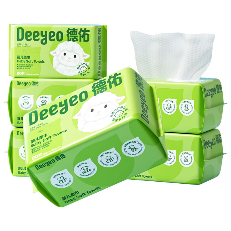 Deyou Baby Soft Cotton Towels 80 Sheets * 6 Packs Disposable Facial Wipes Dual-use Dry and Wet Thickened Soft Face Towels