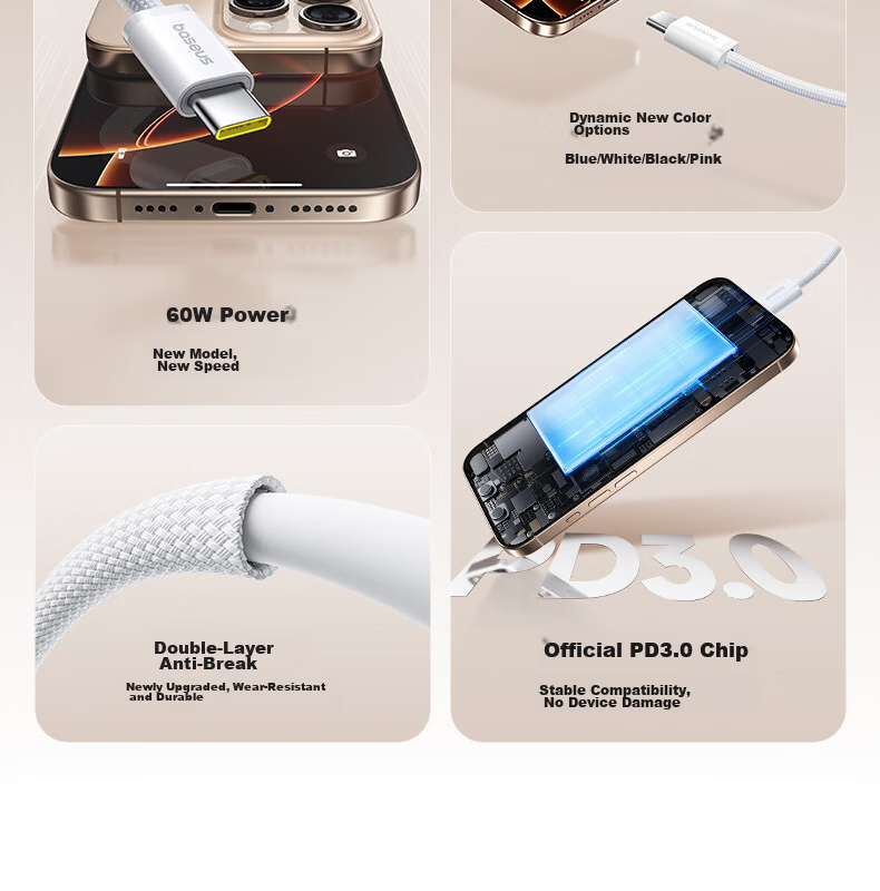Baseus Apple iPhone 17/16/15 Dual-Head Type-C Charging Cable PD 60W Fast Charge CTOC Car Charger Cable 5A 2-Pack 3