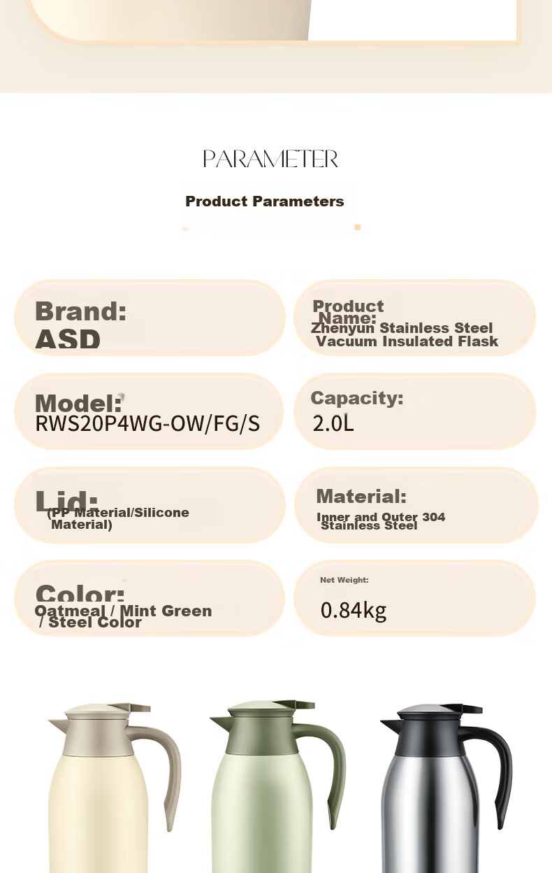 ASD Large Capacity Household Thermos Flask Insulated Bottle 304 Stainless Steel 2L Kettle RWS20P4WG-S 16