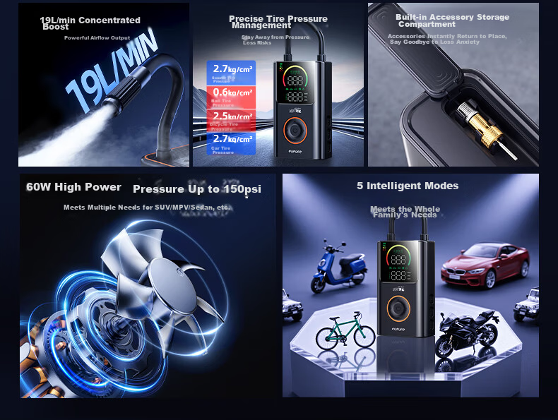 Future Series Wireless Inflator Digital Display Car Air Pump Electric Portable Tire Inflator for Cars, Bicycles, and Motorcycles with Pressure Measurement and High Pressure 7