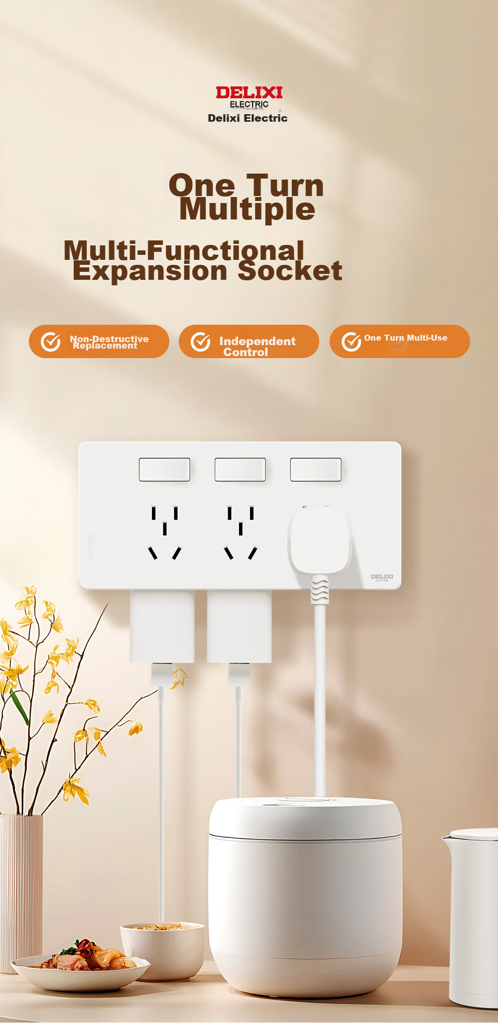 DELIXI 86-Type Surface-Mounted Kitchen Socket, 16A High Power, Cloud White, Multifunctional Multi-Outlet Wireless Track Socket 1