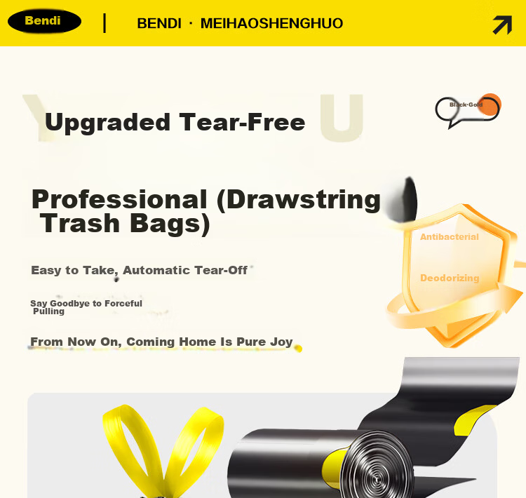 Bendi Drawstring Garbage Bags Black 60x70cm 72pcs Thickened Double-Sided 2.6 Mil Large Tear-Resistant Household Kitchen 1