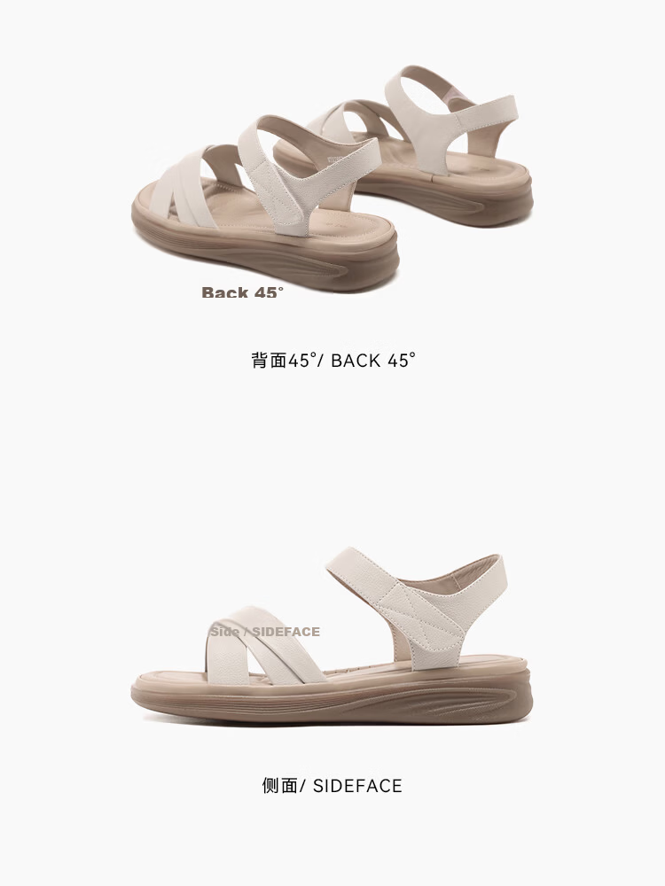 Red Dragonfly Women's Mom Sandals Magic Tape Cowhide Flat Soft Sole Beach Shoes WTK265722 Off-White Size 35 11