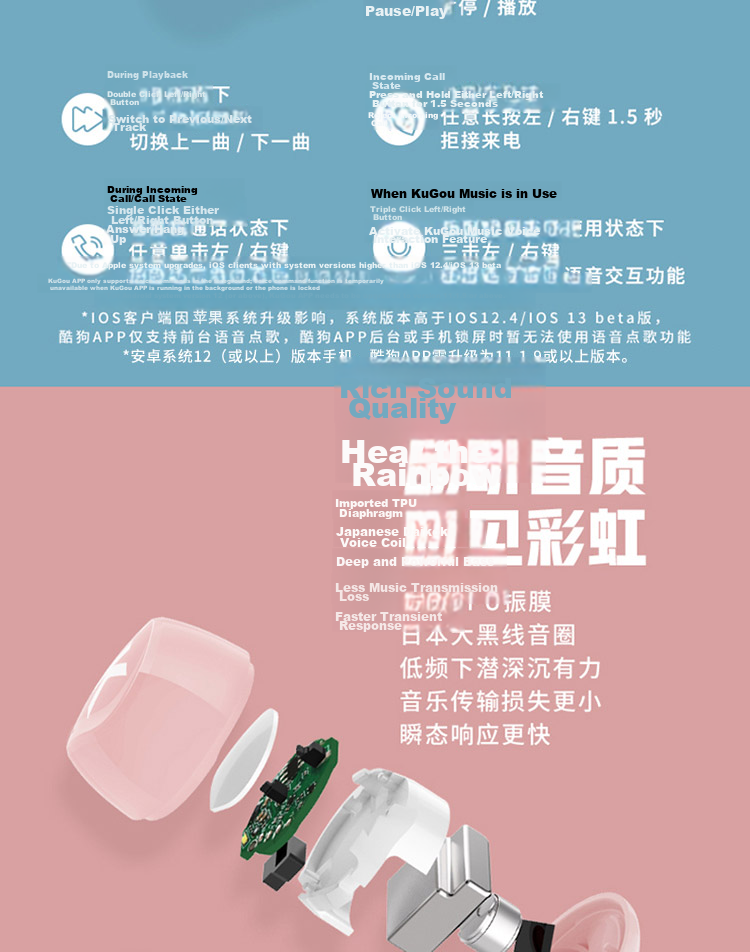 KUGOU Rainbow Candy [42-Hour Music Bean] 6.0 Bluetooth In-Ear Wireless Earphones Low Latency Gaming Call Long Battery Life Mini for Huawei Xiaomi M56s 6