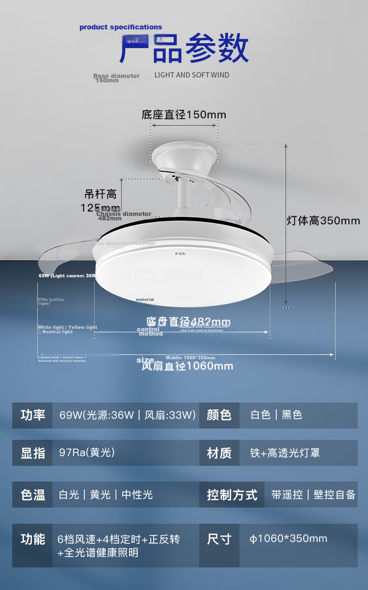 Foshanzhaoming Tri-Proof Fan Light, Restaurant Ceiling Fan Light, Living Room Bedroom LED Light, Azure Blue, 36 Inches, 42W 13