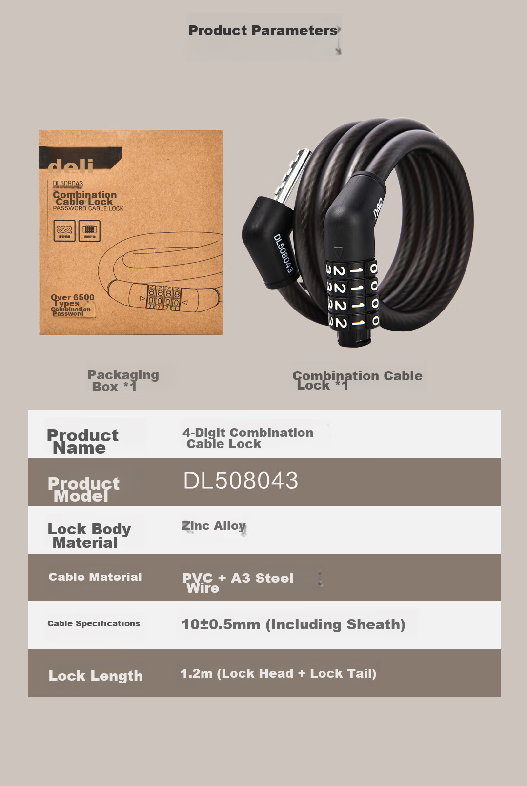 Deli Bicycle Lock 4-Digit Combination Lock [120cm with Frame Mount] Convenient Cut-Resistant Anti-Theft Road Mountain Bike Lock 12