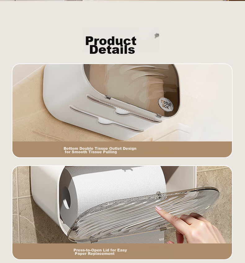 Baoshi Wall-Mounted Toilet Paper Holder No-Drill Tissue Box Facial Towel Storage Rack White 21
