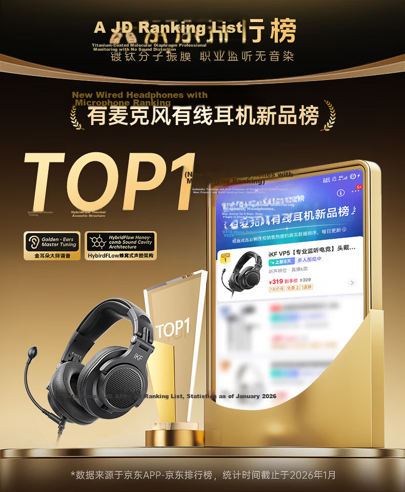 IKF VP5 Over-Ear Monitoring Headphones Wired Closed-Back HiFi High-Resolution Sound Gaming Headset for PC Live Streaming K-Singing FPS Delta Sound Positioning 2