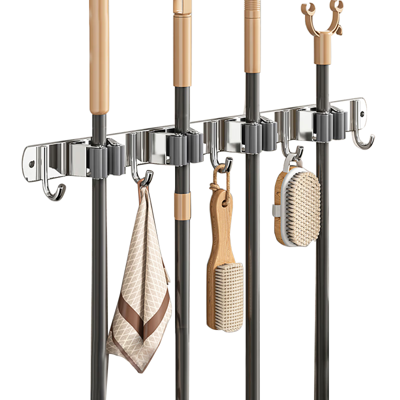 Baizi Mop Hook No-Drill Broom Holder Stainless Steel Thickened Storage Rack for Bathroom and Kitchen