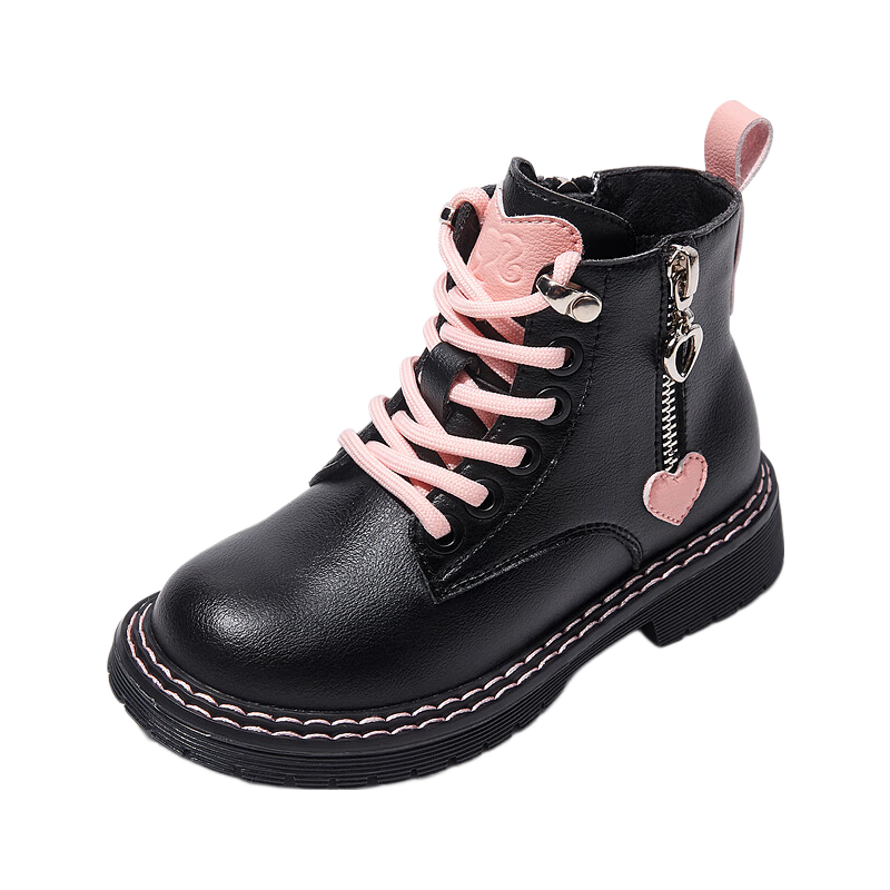 Barbie Kids Spring and Autumn Single-Lined Children's Boots Girls Martin Boots Fashion Short Leather Boots DA5085 Black Size 31