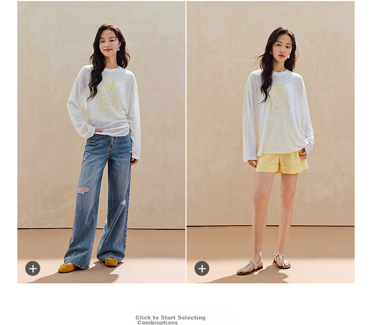 INMAN Casual Rope Embroidery Printed Long Sleeve T-Shirt 2026 Summer New Women's Versatile Drop Shoulder Crew Neck Top Goose Yellow L 6