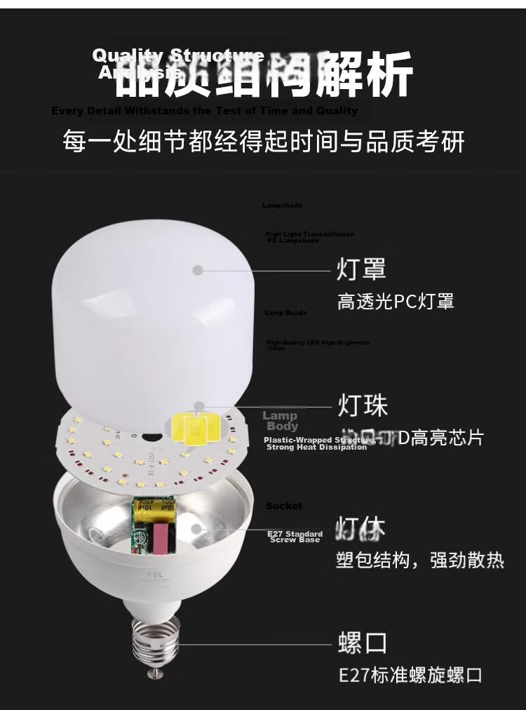 Foshanzhaoming (FSL) LED Energy-Saving Bulb, T70 Cylindrical Shape, 15W, Cool White 6500K, E27 Large Screw Base, High-Power, for Property Management And Factory Lighting, Super Bright Daylight, Household Lighting Lamp 6