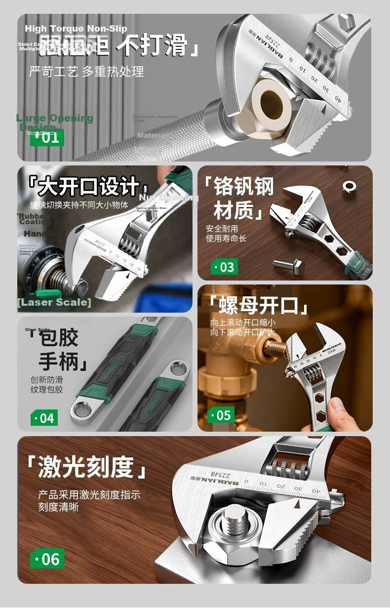 Baolian Dual-Use Adjustable Wrench Large Opening Pipe Wrench Industrial Grade Multi-Functional Plumbing Wrench 3