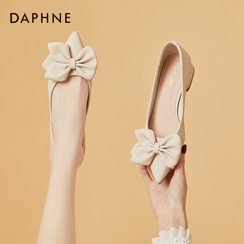 DAPHNE Women's Single Shoes, Elegant Pointed Toe Low Heel Loafers, Graceful Bow, Versatile Chunky Heel, Slip-On Comfortable Commuter Shoes 4622101118 Beige 36