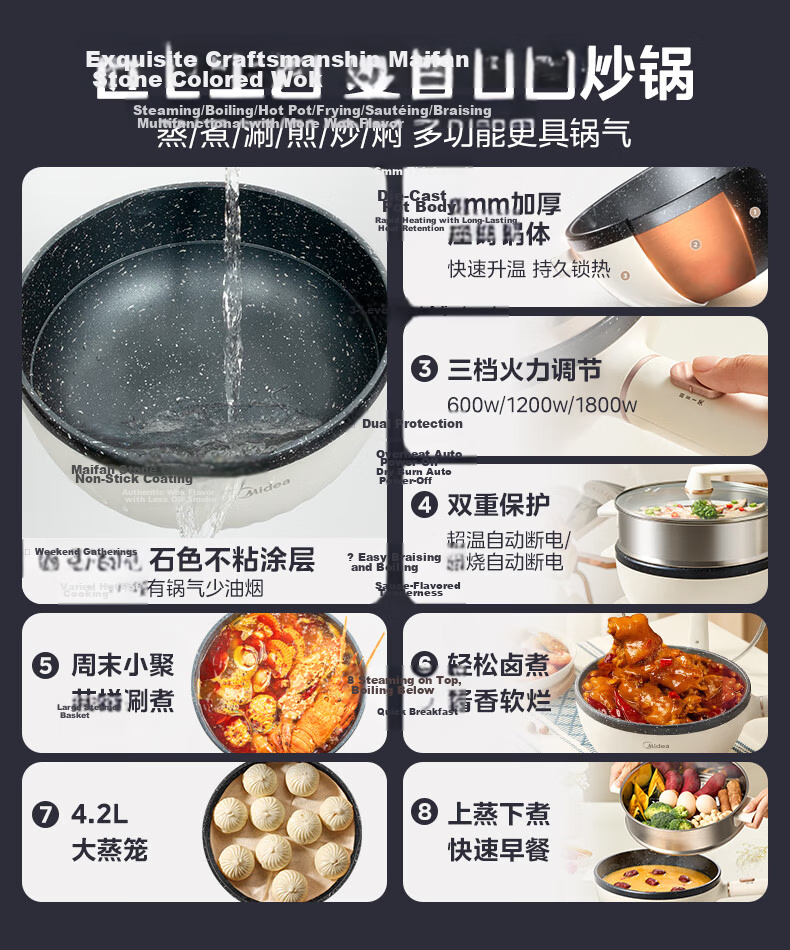 Midea Electric Frying Pan Electric Hot Pot Electric Steamer Electric Cooker 4L Multi-Purpose Non-Stick Electric Heating Pot HGE2811B with Steaming Basket and Wooden Spatula 1