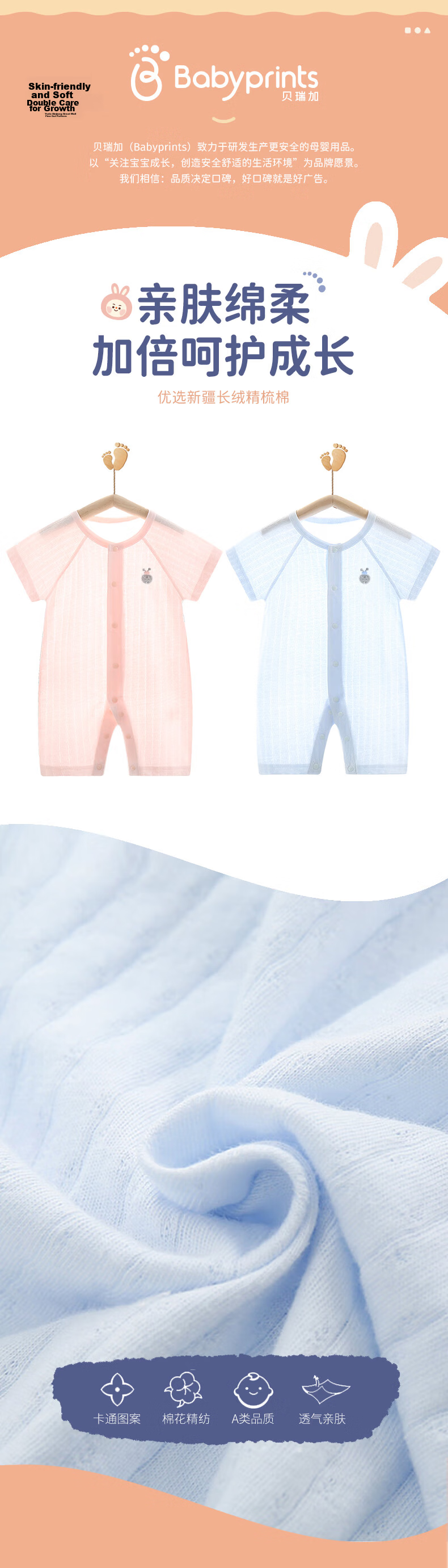 Babyprints Baby Romper 2-Pack Summer Short Sleeve Newborn Cotton Bodysuit Lightweight Crawling Suit White Blue 59cm 1