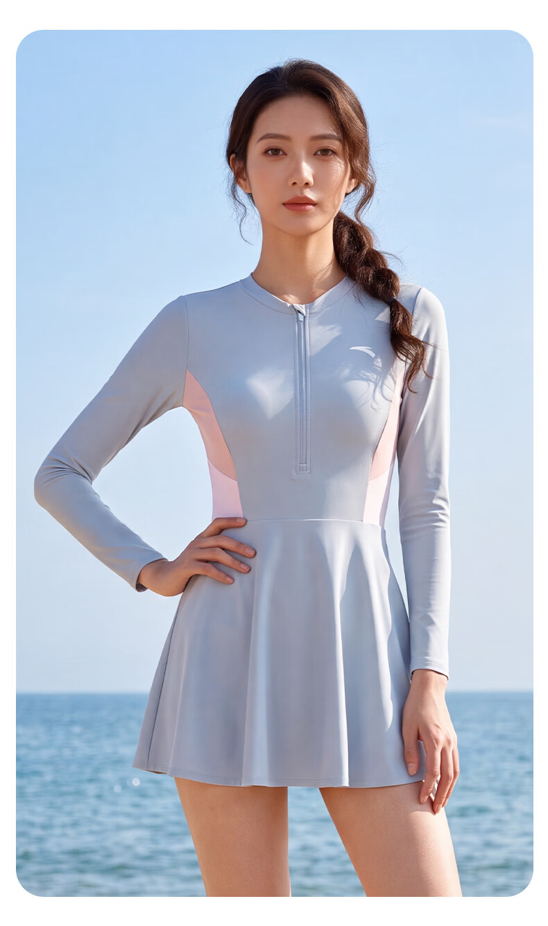 ANTA Women's Long Sleeve One-Piece Skirted Conservative Quick-Dry Sun Protection Slimming Swimwear Gray M 16