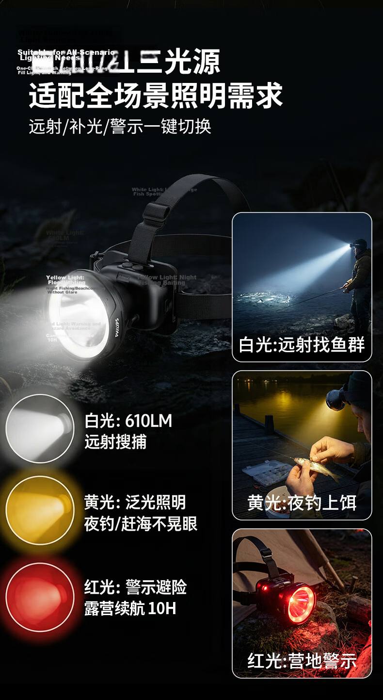 PHILIPS Three-Light Headlamp High Brightness Long Battery Life 72 Hours Head-Worn 5000 Lumens Night Fishing Outdoor Mountaineering Waterproof 2