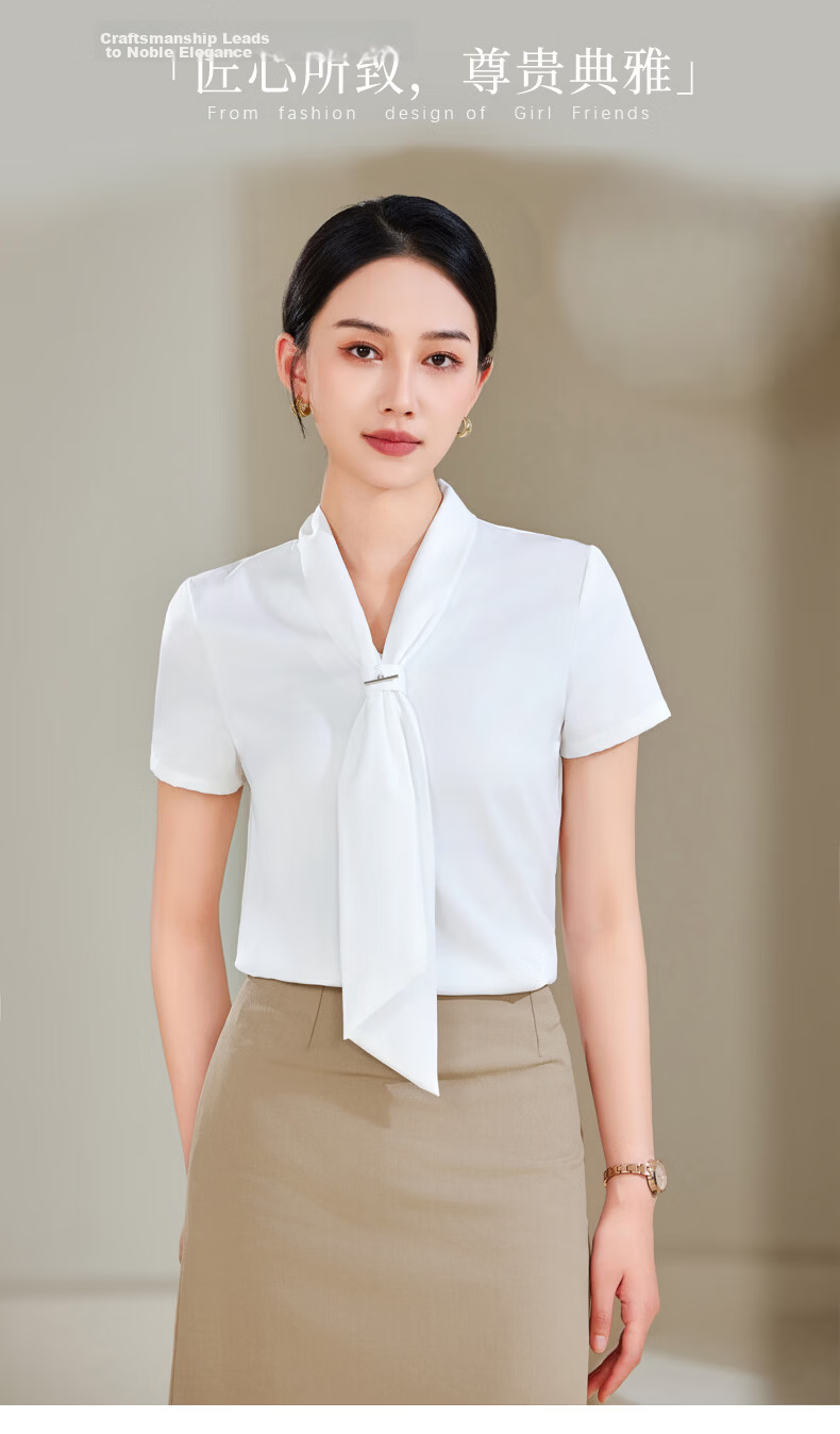 Chaoxu Women's White Short Sleeve Bow Tie Shirt Professional Commuter Formal Elegant Versatile Blouse for Work and Interview 1