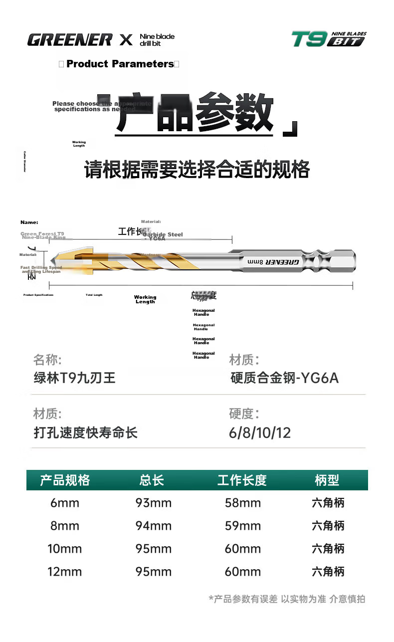 GREENER T9 Nine-Blade Tile Drilling Bit Eccentric Sawtooth Concrete Electric Drill Glass Marble 6mm*5 19