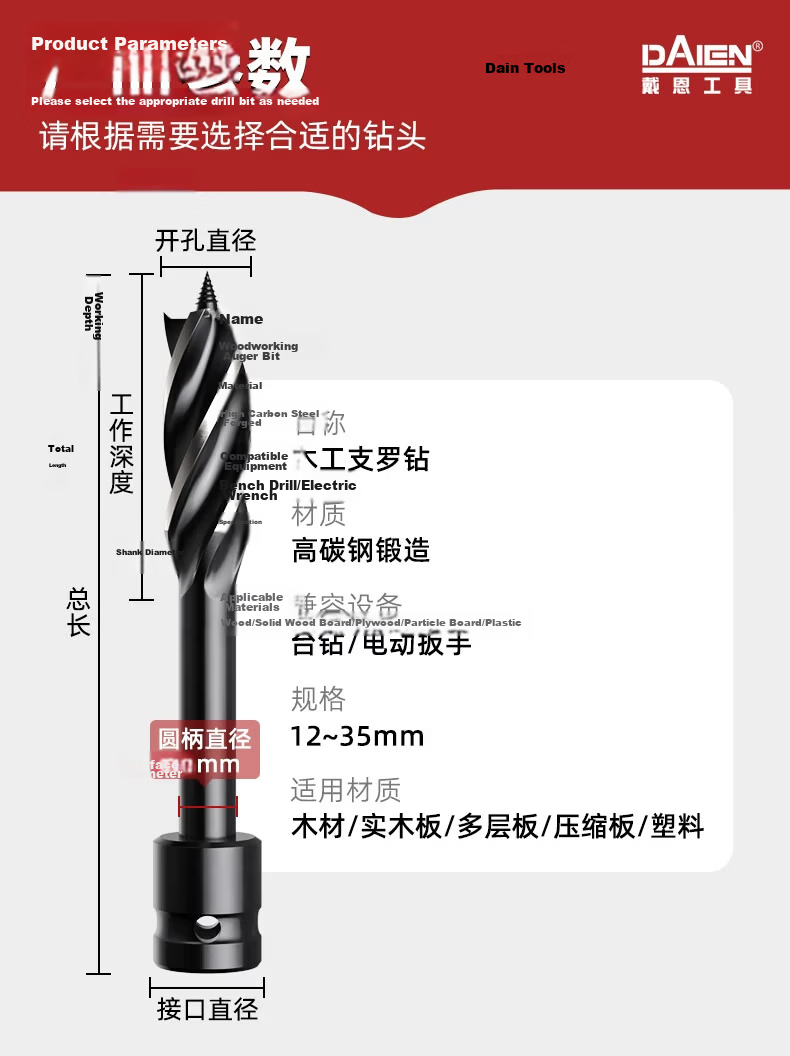 DAIEN Professional Woodworking Drill Bit for Bench Drill and Electric Wrench, Wood, Plastic, Rubber Hole Puncher, Quick Open 18mm 8